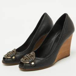 Tory Burch Black Leather Logo Peep Toe Wedge Pumps Size 38