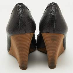 Tory Burch Black Leather Logo Peep Toe Wedge Pumps Size 38