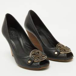 Tory Burch Black Leather Logo Peep Toe Wedge Pumps Size 38