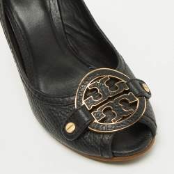Tory Burch Black Leather Logo Peep Toe Wedge Pumps Size 38