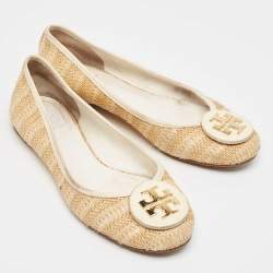 Tory Burch Beige/Cream Raffia and Leather Reva Ballet Flats Size 40.5
