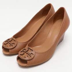 Pre Owned Tory Burch Brown Leather Chelsea Wedge Pumps Size 38