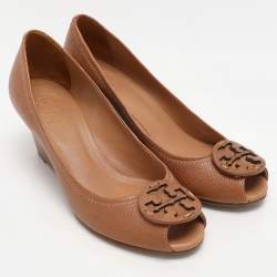 Pre Owned Tory Burch Brown Leather Chelsea Wedge Pumps Size 38