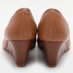 Pre Owned Tory Burch Brown Leather Chelsea Wedge Pumps Size 38