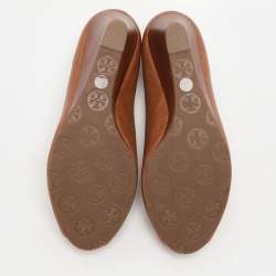 Pre Owned Tory Burch Brown Leather Chelsea Wedge Pumps Size 38
