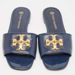 Tory Burch Navy Blue Leather eleanor Flat Sandals Size 37.5