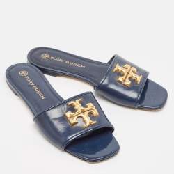 Tory Burch Navy Blue Leather eleanor Flat Sandals Size 37.5