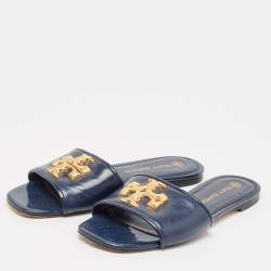 Tory Burch Navy Blue Leather eleanor Flat Sandals Size 37.5