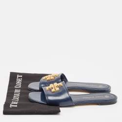 Tory Burch Navy Blue Leather eleanor Flat Sandals Size 37.5
