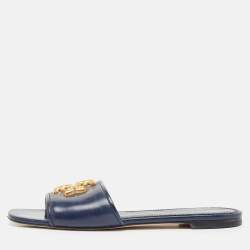 Tory Burch Navy Blue Leather eleanor Flat Sandals Size 37.5