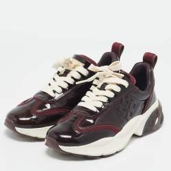 Pre Owned Tory Burch Burgundy Patent Leather Lace Up Sneakers Size 37.5