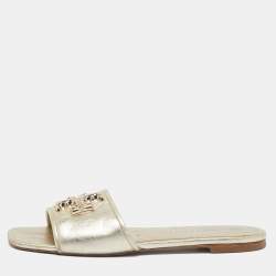 Tory Burch Gold Leather Eleanor Flat Slides Size 37.5