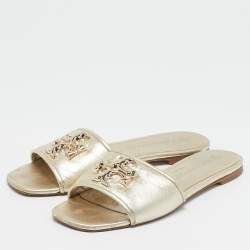 Tory Burch Gold Leather Eleanor Flat Slides Size 37.5