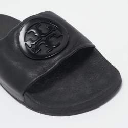 Tory Burch Black Leather Double T Flat Slides Size 39.5