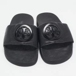 Tory Burch Black Leather Double T Flat Slides Size 39.5