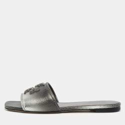 Pre Owned Tory Burch Grey Snakeskin Embossed Leather Ines Flat Sandals Size 37.5