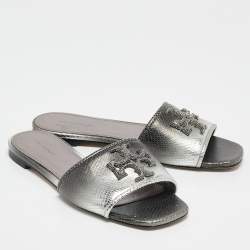 Pre Owned Tory Burch Grey Snakeskin Embossed Leather Ines Flat Sandals Size 37.5