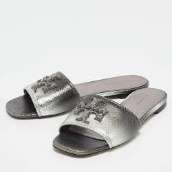 Pre Owned Tory Burch Grey Snakeskin Embossed Leather Ines Flat Sandals Size 37.5