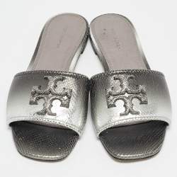 Pre Owned Tory Burch Grey Snakeskin Embossed Leather Ines Flat Sandals Size 37.5