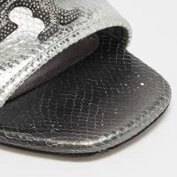 Pre Owned Tory Burch Grey Snakeskin Embossed Leather Ines Flat Sandals Size 37.5