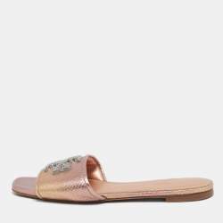 Tory Burch Rose Gold Python Embossed Leather Ines Flat Slides Size 37.5