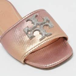 Tory Burch Rose Gold Python Embossed Leather Ines Flat Slides Size 37.5