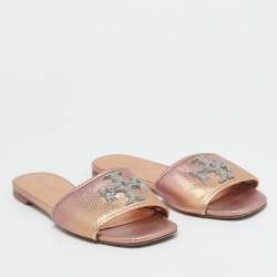 Tory Burch Rose Gold Python Embossed Leather Ines Flat Slides Size 37.5