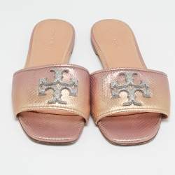 Tory Burch Rose Gold Python Embossed Leather Ines Flat Slides Size 37.5