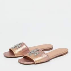 Tory Burch Rose Gold Python Embossed Leather Ines Flat Slides Size 37.5