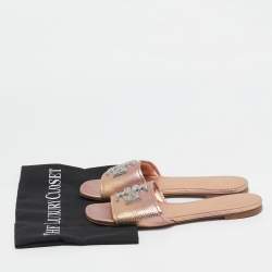 Tory Burch Rose Gold Python Embossed Leather Ines Flat Slides Size 37.5