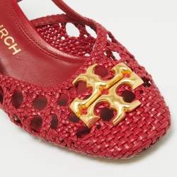 Pre Owned Tory Burch Red Intrecciato Leather Slingback Pumps Size 38.5