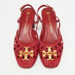 Pre Owned Tory Burch Red Intrecciato Leather Slingback Pumps Size 38.5