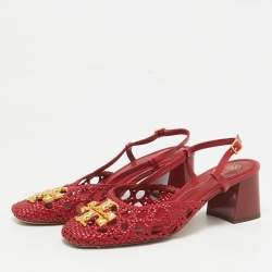 Pre Owned Tory Burch Red Intrecciato Leather Slingback Pumps Size 38.5
