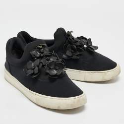 Tory Burch Black Neoprene And Leather Blossom Floral Applique Slip On Sneakers Size 39