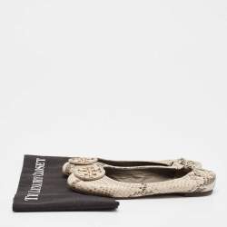 Tory Burch Cream/Black Python Embossed Leather Reva Scrunch Ballet Flats Size 36