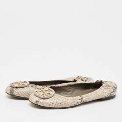 Tory Burch Cream/Black Python Embossed Leather Reva Scrunch Ballet Flats Size 36
