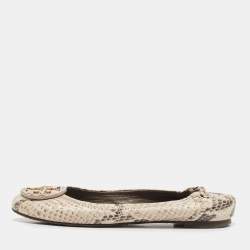 Tory Burch Cream/Black Python Embossed Leather Reva Scrunch Ballet Flats Size 36