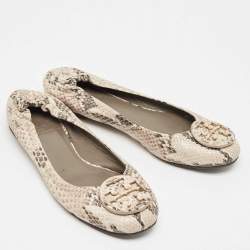 Tory Burch Cream/Black Python Embossed Leather Reva Scrunch Ballet Flats Size 36