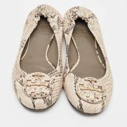 Tory Burch Cream/Black Python Embossed Leather Reva Scrunch Ballet Flats Size 36