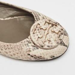 Tory Burch Cream/Black Python Embossed Leather Reva Scrunch Ballet Flats Size 36