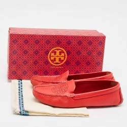 Pre Owned Tory Burch Red Leather Perforated Logo Slip On Loafers Size 38