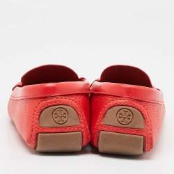 Pre Owned Tory Burch Red Leather Perforated Logo Slip On Loafers Size 38