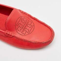 Pre Owned Tory Burch Red Leather Perforated Logo Slip On Loafers Size 38