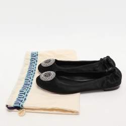 Tory Burch Black Satin Crystal Logo Embellished Ballet Flats Size 36.5
