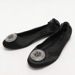 Tory Burch Black Satin Crystal Logo Embellished Ballet Flats Size 36.5
