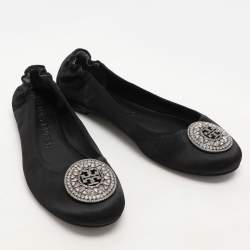 Tory Burch Black Satin Crystal Logo Embellished Ballet Flats Size 36.5