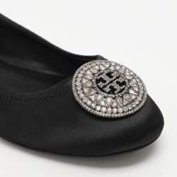 Tory Burch Black Satin Crystal Logo Embellished Ballet Flats Size 36.5