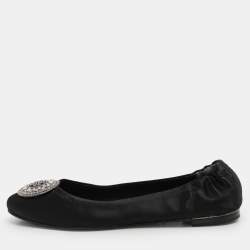 Tory Burch Black Satin Crystal Logo Embellished Ballet Flats Size 36.5