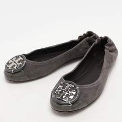 Tory Burch Dark Grey Patent Leather and Suede Reva Ballet Flats Size 36