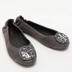 Tory Burch Dark Grey Patent Leather and Suede Reva Ballet Flats Size 36